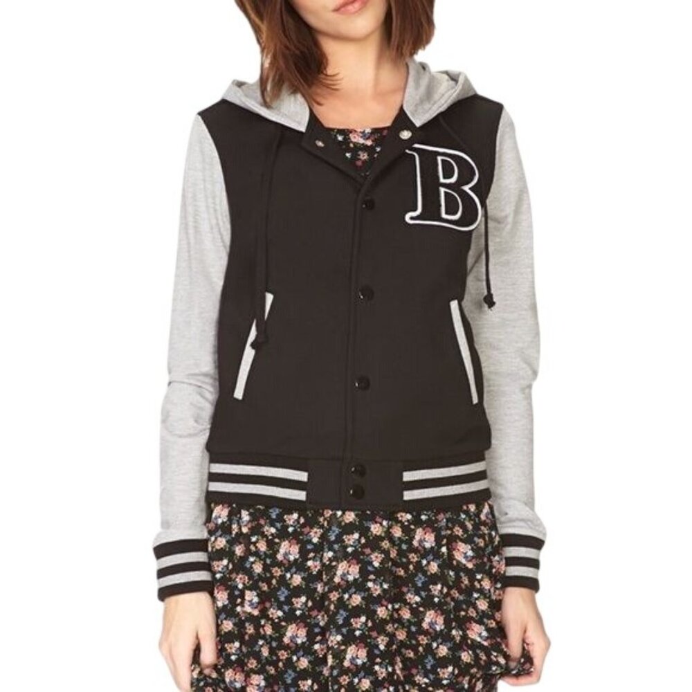 Forever 21 Varsity Hoodie Jacket Size Large B Patch Snap Front Black Gray Lounge